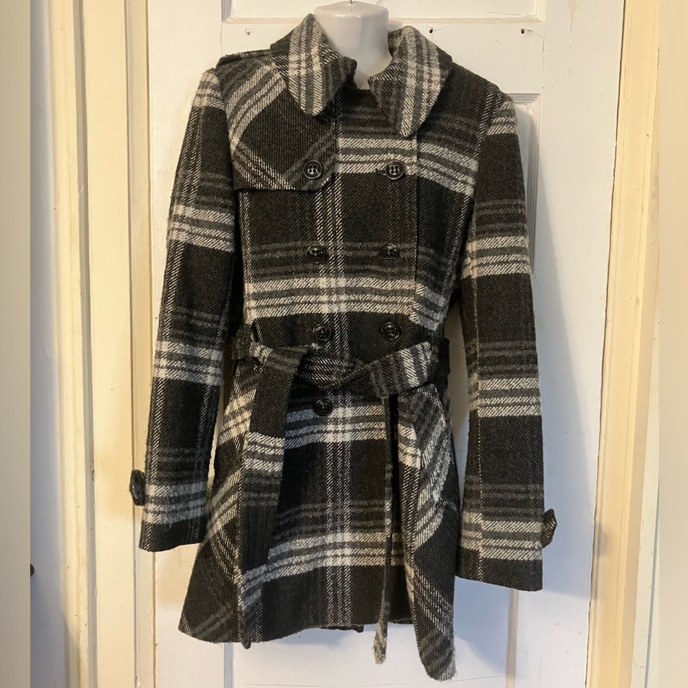 DKNY Black and Gray Plaid Coat